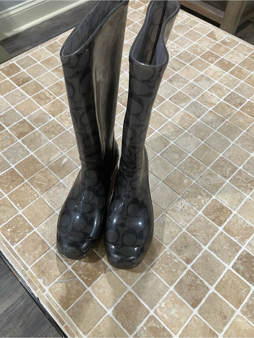 Coach Logo Black Gray Tall Rain Boots